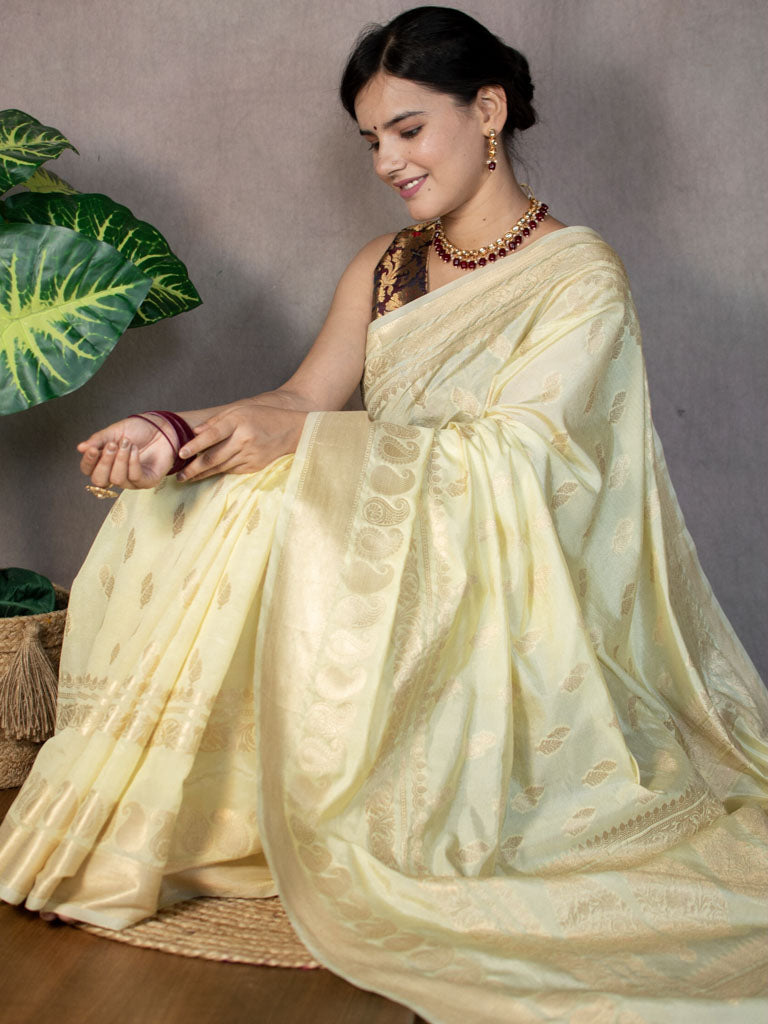 Banarasi Semi Silk Saree With Zari Weaving-Lemon Yellow