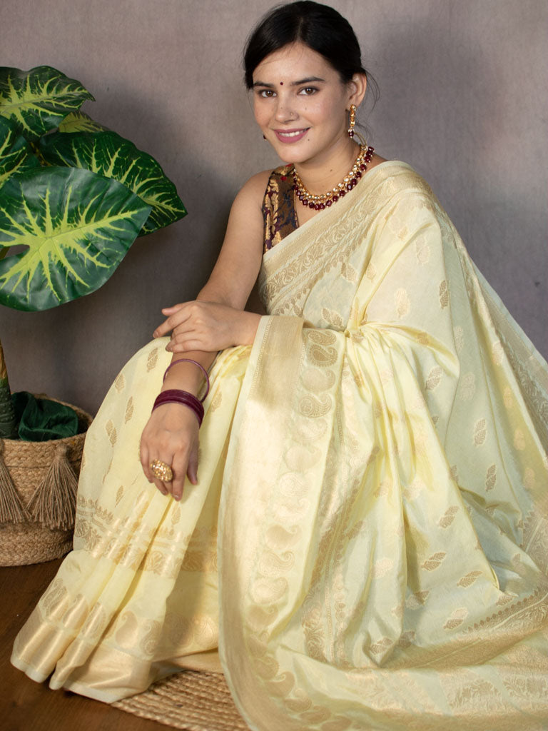 Banarasi Semi Silk Saree With Zari Weaving-Lemon Yellow