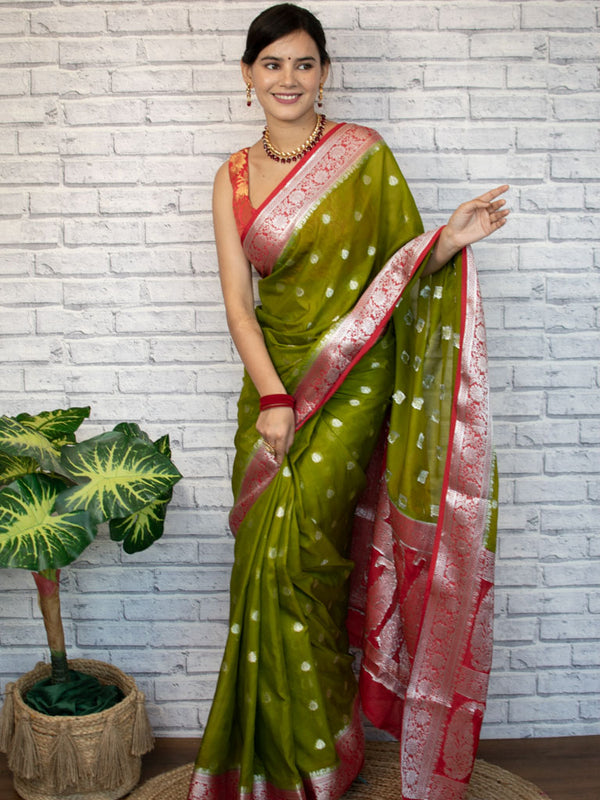 Banarasi  Semi Chiffon Saree Silver Zari Buti Weaving & Contrast Border-Mehndi Green