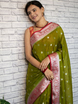 Banarasi  Semi Chiffon Saree Silver Zari Buti Weaving & Contrast Border-Mehndi Green