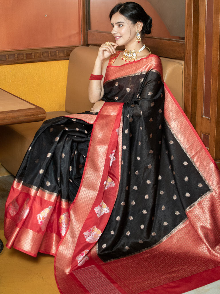 Banarasi Kora Saree With Contrast Skirt Border-Red