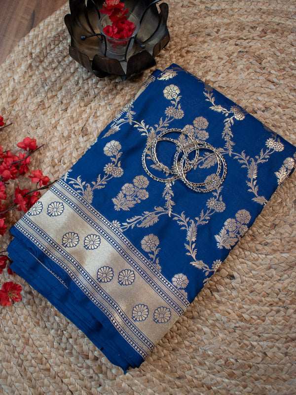 Banarasi Art Katan Silk Saree With Jaal Weaving-Deep Blue
