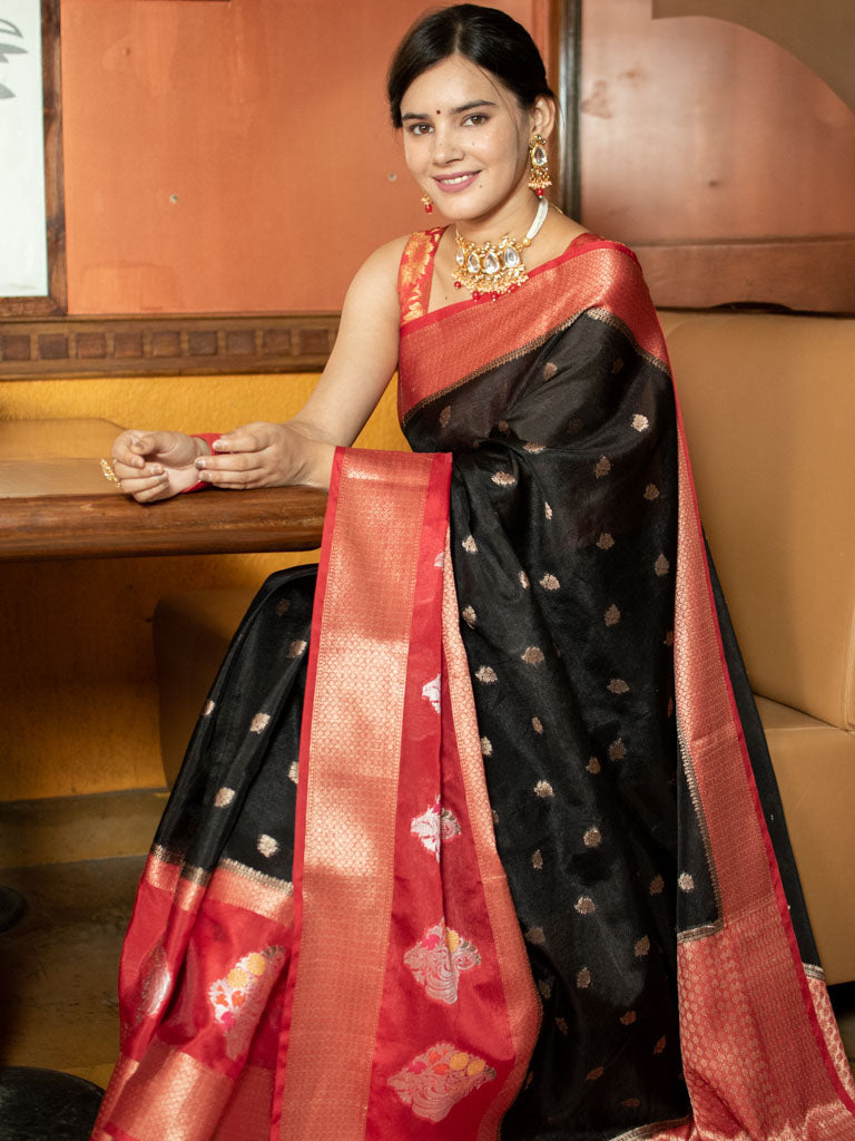 Banarasi Kora Saree With Contrast Skirt Border-Red