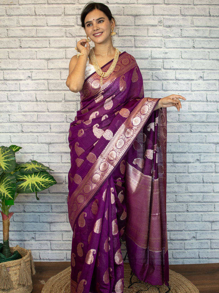 Banarasi Cotton Silk Saree with Zari Paisley Weaving-Violet