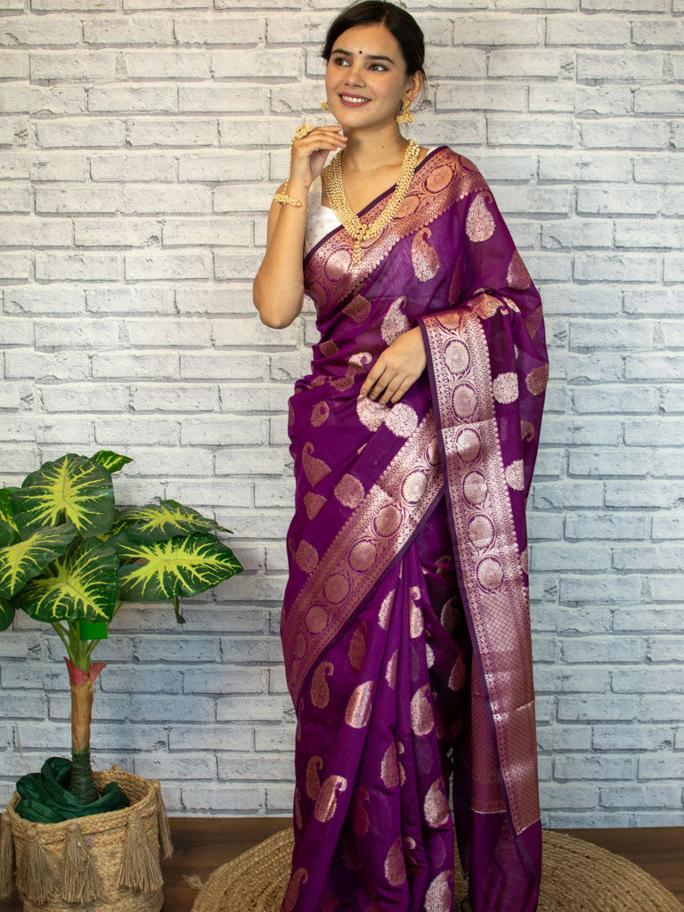 Banarasi Cotton Silk Saree with Zari Paisley Weaving-Violet