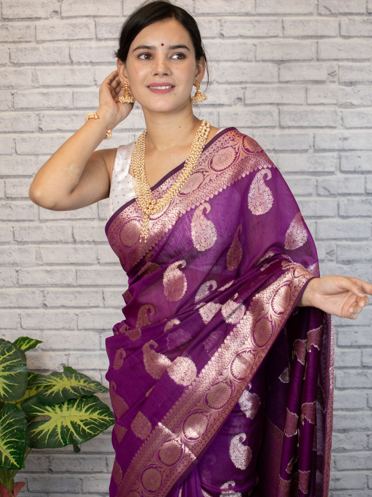 Banarasi Cotton Silk Saree with Zari Paisley Weaving-Violet