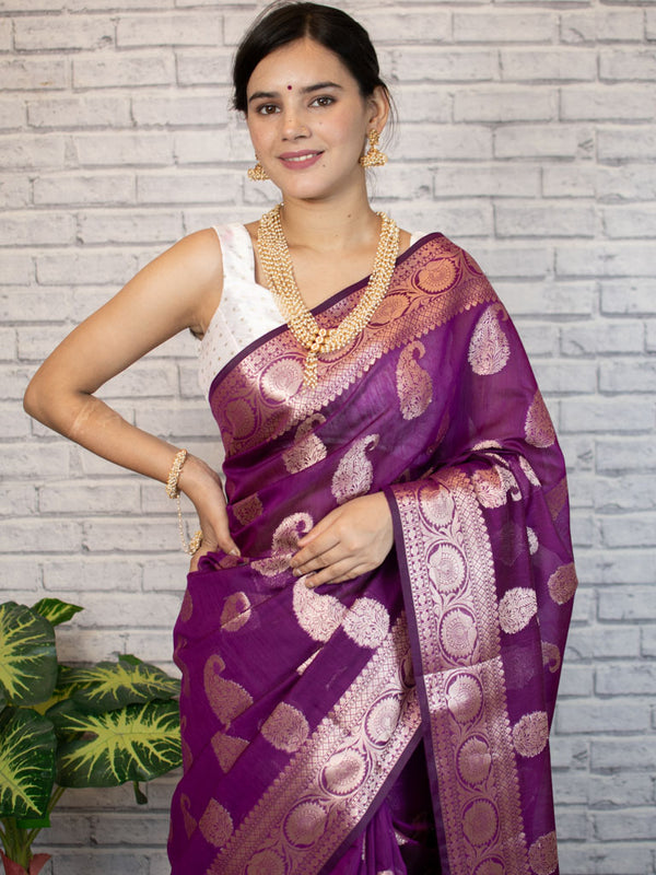 Banarasi Cotton Silk Saree with Zari Paisley Weaving-Violet