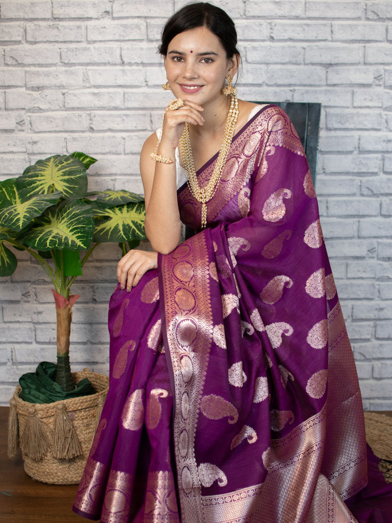 Banarasi Cotton Silk Saree with Zari Paisley Weaving-Violet