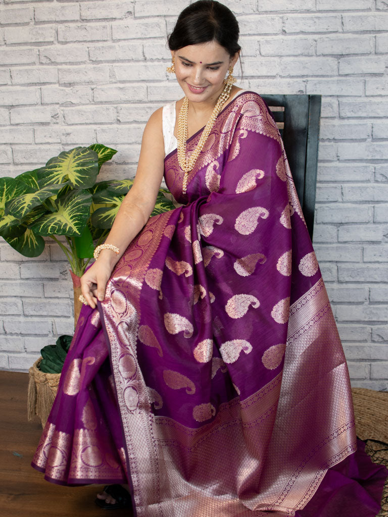 Banarasi Cotton Silk Saree with Zari Paisley Weaving-Violet