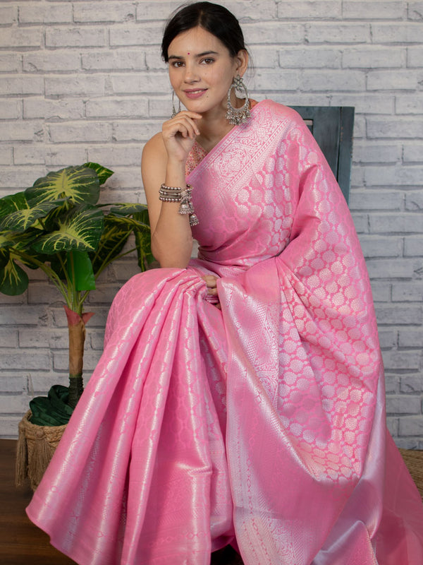 Banarasi Lichi Silk Saree With Silver Zari Weaving-Pink