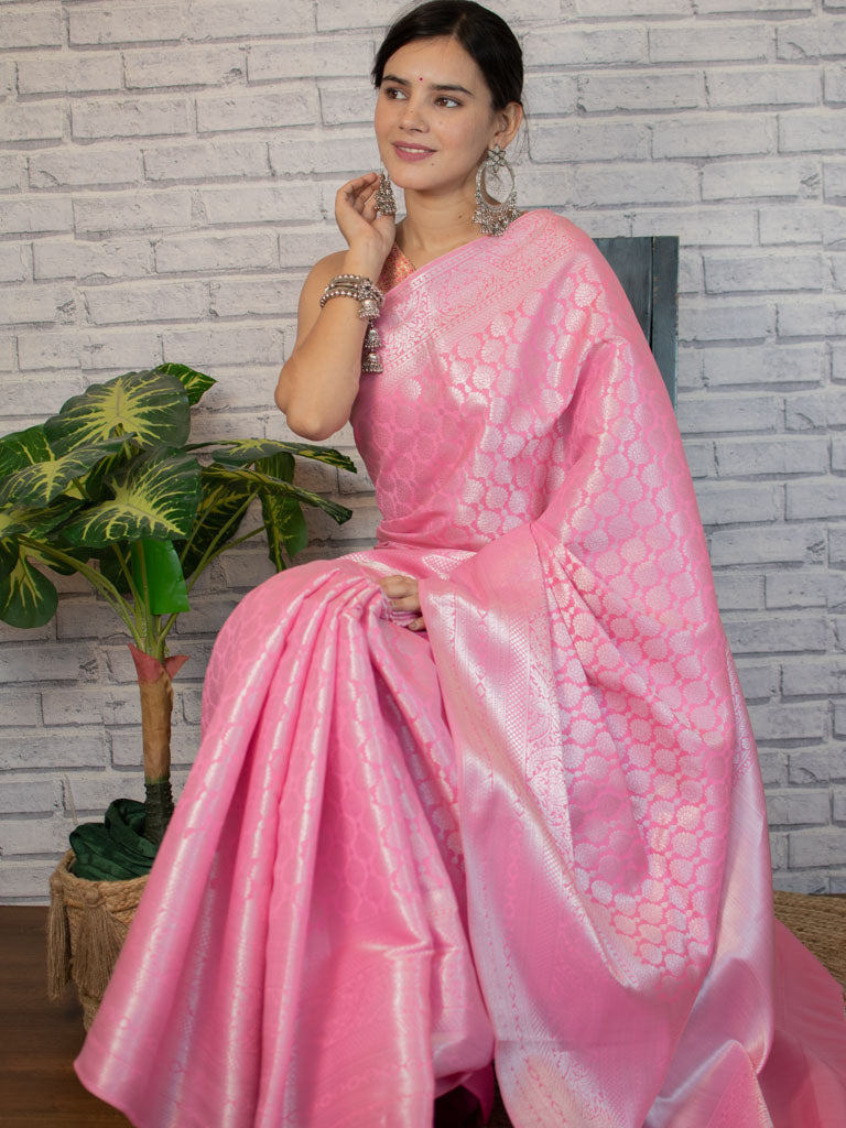 Banarasi Lichi Silk Saree With Silver Zari Weaving-Pink