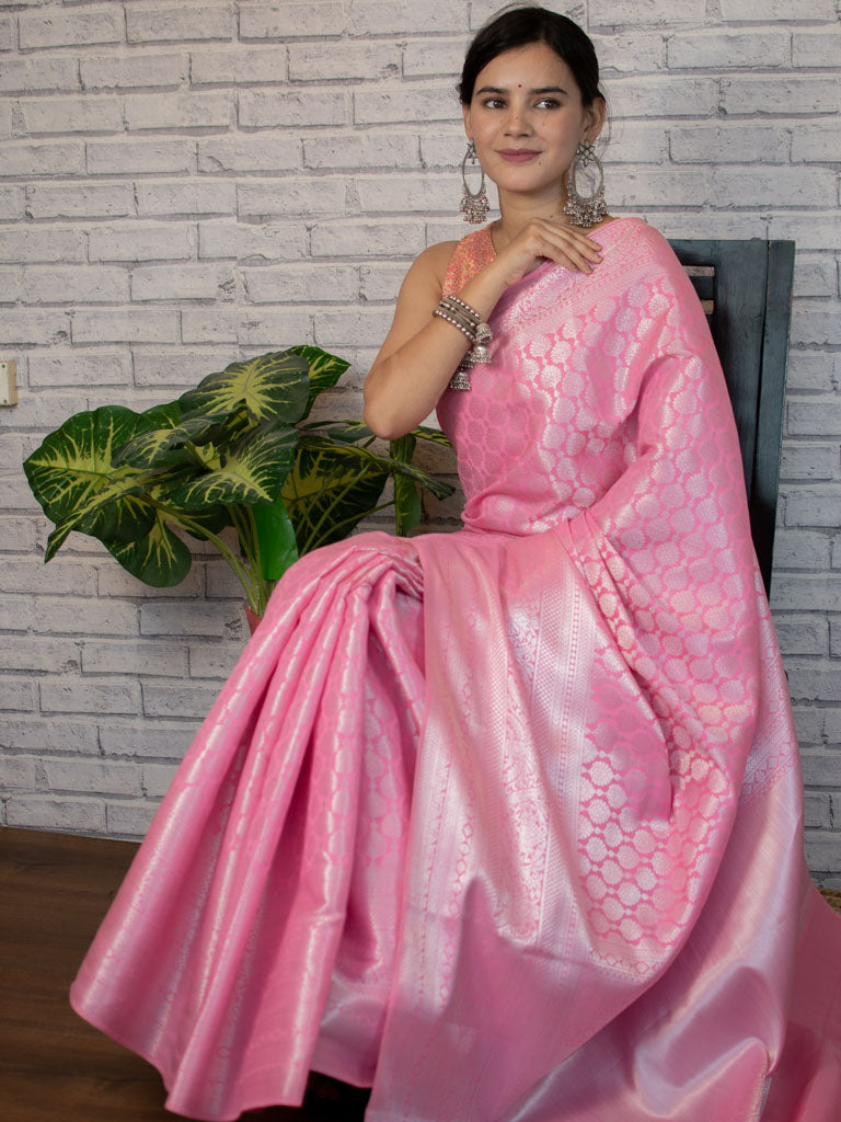 Banarasi Lichi Silk Saree With Silver Zari Weaving-Pink