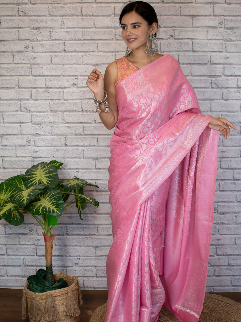 Banarasi Lichi Silk Saree With Silver Zari Weaving-Pink