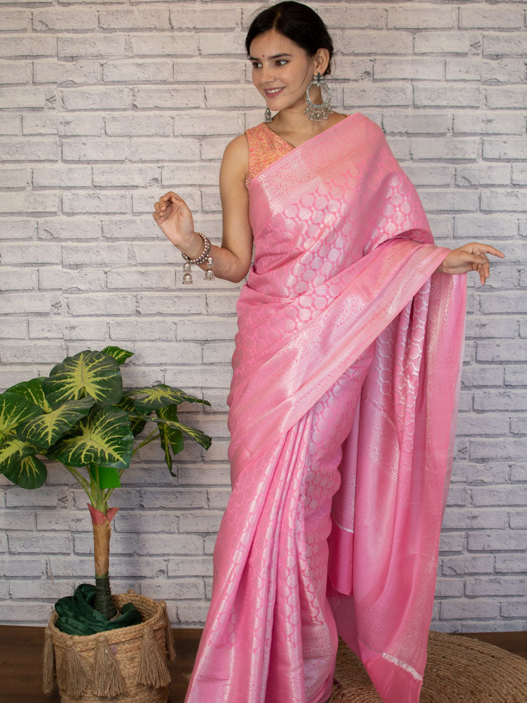 Banarasi Lichi Silk Saree With Silver Zari Weaving-Pink