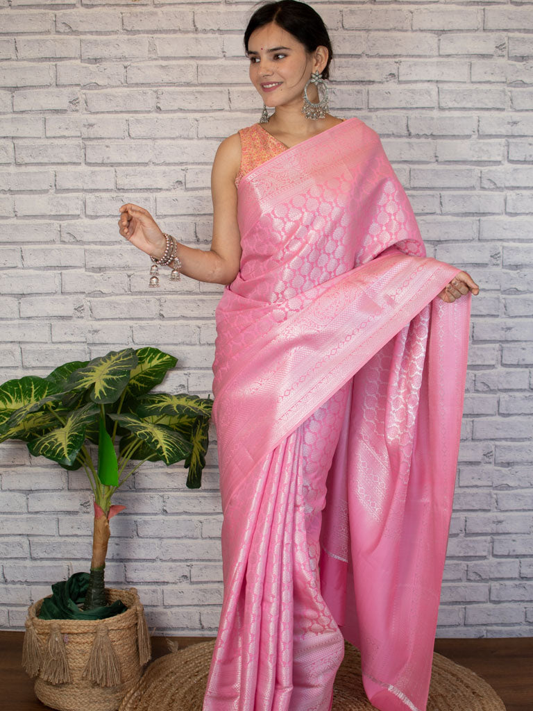 Banarasi Lichi Silk Saree With Silver Zari Weaving-Pink