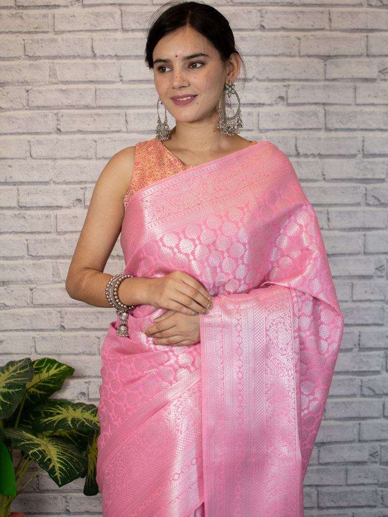 Banarasi Lichi Silk Saree With Silver Zari Weaving-Pink