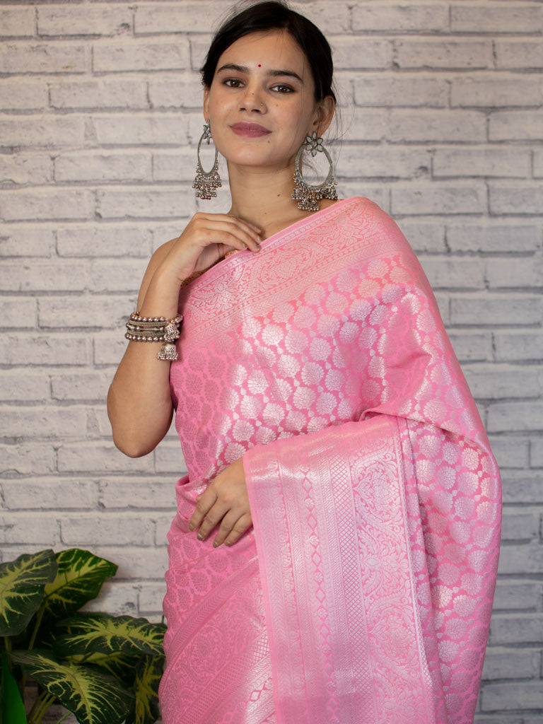 Banarasi Lichi Silk Saree With Silver Zari Weaving-Pink