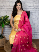 Banarasi Cotton  Silk Zari Weaving Salwar Kameez Material With Contrast Dupatta-Yellow & Pink