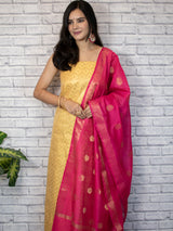 Banarasi Cotton  Silk Zari Weaving Salwar Kameez Material With Contrast Dupatta-Yellow & Pink