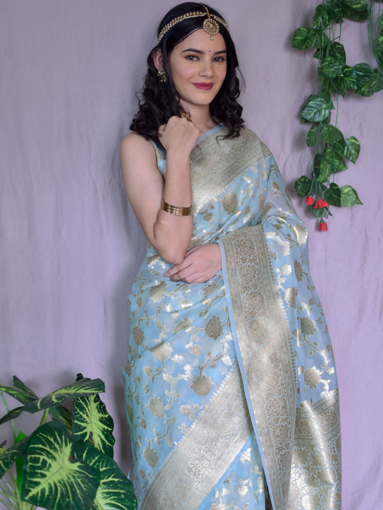Banarasi Kora Saree With Silver Zari Jaal Weaving-Pastel Blue