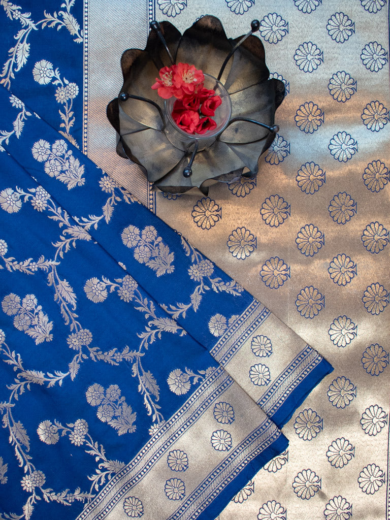 Banarasi Art Katan Silk Saree With Jaal Weaving-Deep Blue