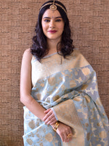 Banarasi Kora Saree With Silver Zari Jaal Weaving-Pastel Blue