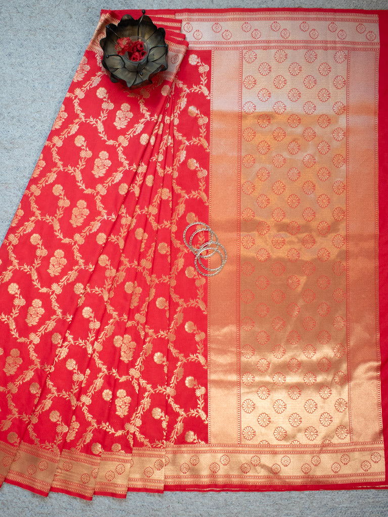 Banarasi Art Katan Silk Saree With Jaal Weaving-Red