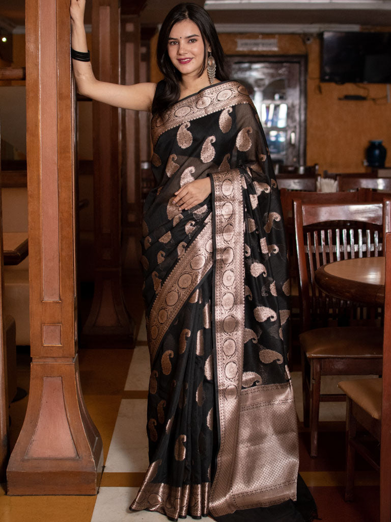 Banarasi Cotton Silk Saree with Zari Paisley Weaving-Black