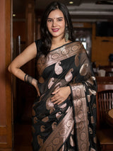 Banarasi Cotton Silk Saree with Zari Paisley Weaving-Black