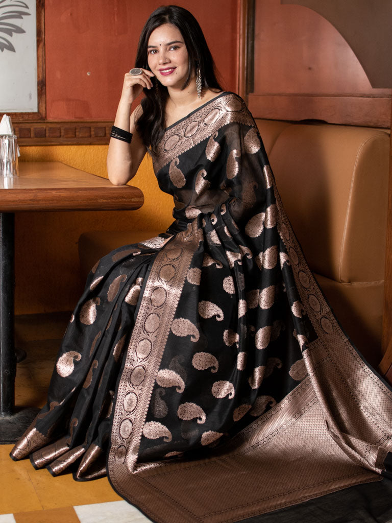 Banarasi Cotton Silk Saree with Zari Paisley Weaving-Black