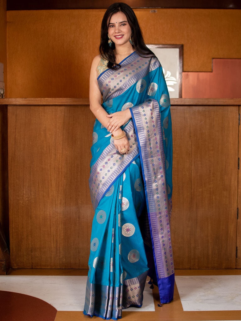 Banarasi Semi Silk Saree With Buta Weaving-Blue