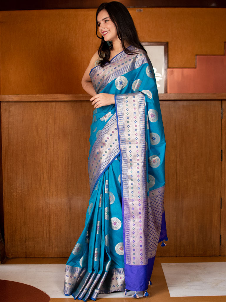 Banarasi Semi Silk Saree With Buta Weaving-Blue