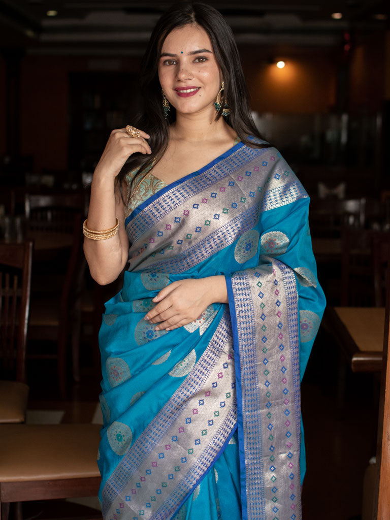 Banarasi Semi Silk Saree With Buta Weaving-Blue