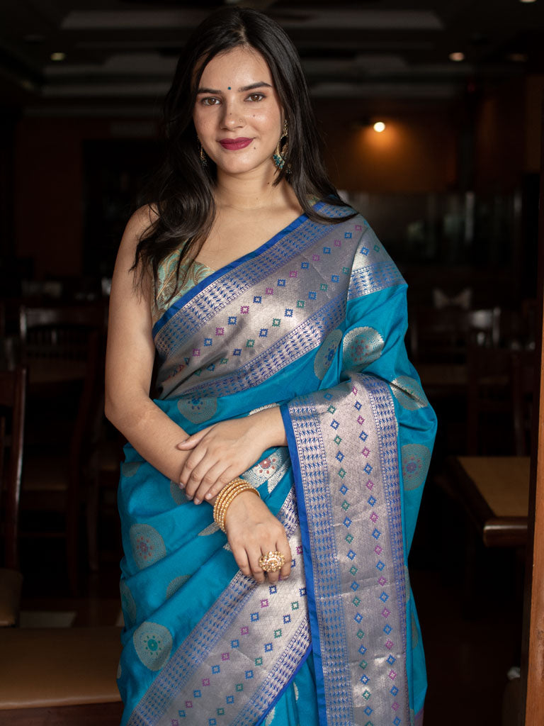 Banarasi Semi Silk Saree With Buta Weaving-Blue