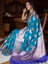 Banarasi Semi Silk Saree With Buta Weaving-Blue