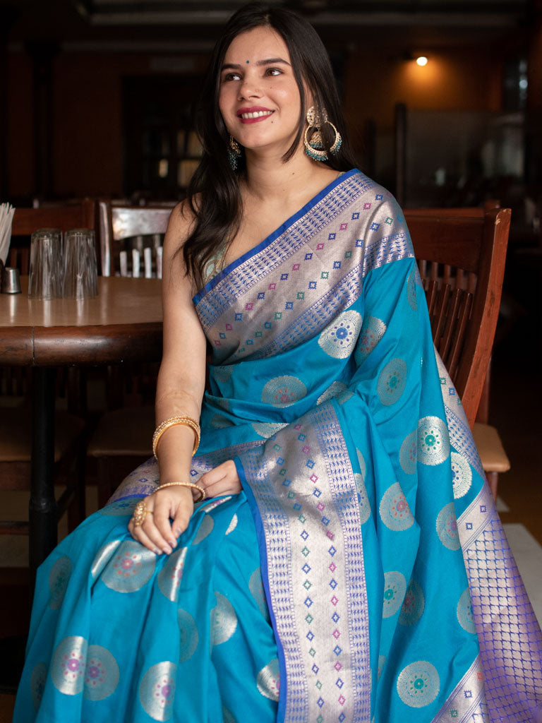 Banarasi Semi Silk Saree With Buta Weaving-Blue