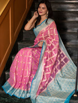 Banarasi Kora Saree With Zari Weaving & Contrast Border-Pink