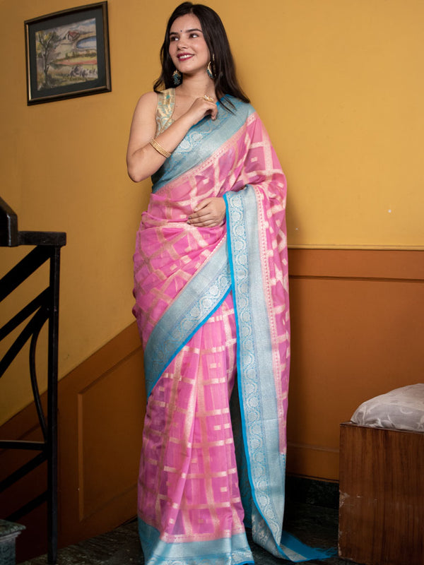 Banarasi Kora Saree With Zari Weaving & Contrast Border-Pink