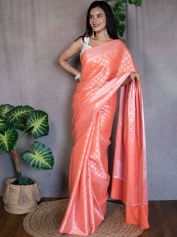 Banarasi Lichi Silk Saree With Silver Zari Weaving