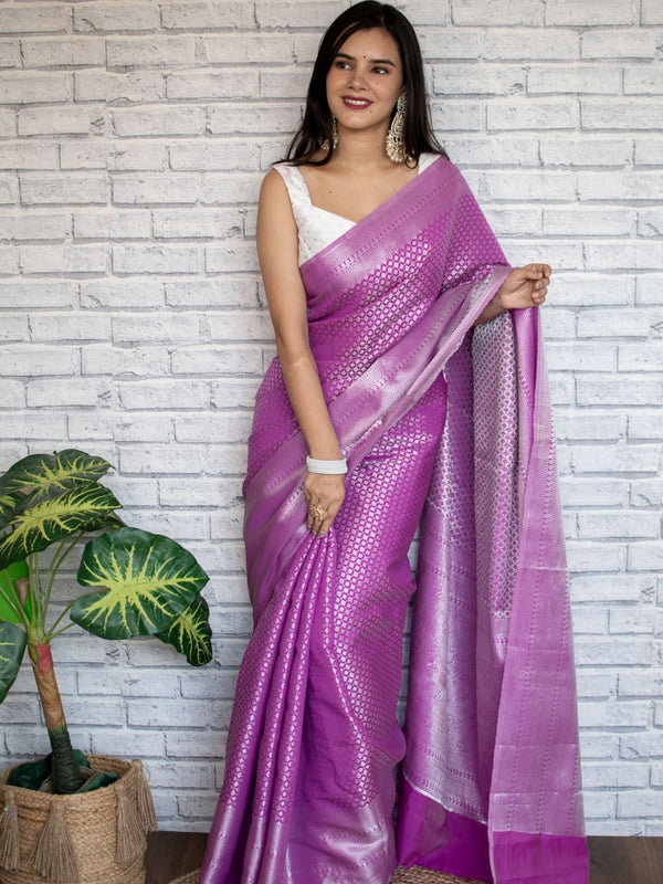 Banarasi Lichi Silk Saree With Silver Zari Small Buti Weaving-Purple