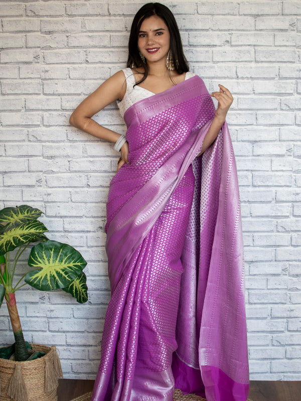 Banarasi Lichi Silk Saree With Silver Zari Small Buti Weaving-Purple
