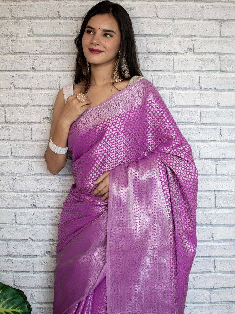 Banarasi Lichi Silk Saree With Silver Zari Small Buti Weaving-Purple