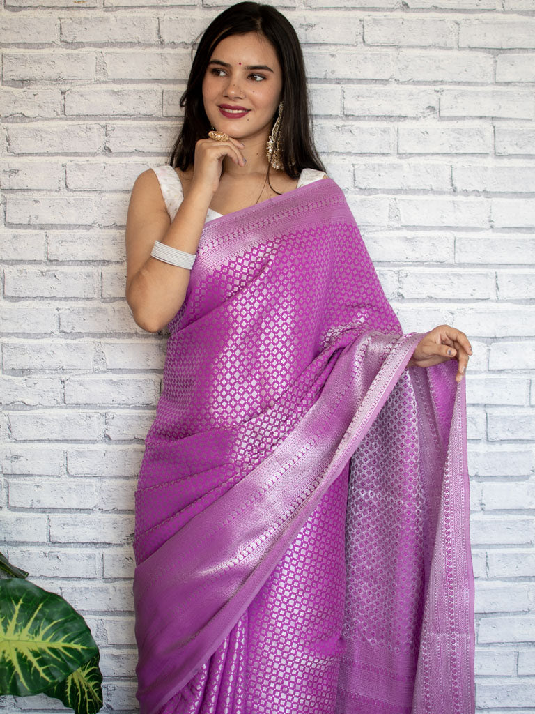 Banarasi Lichi Silk Saree With Silver Zari Small Buti Weaving-Purple