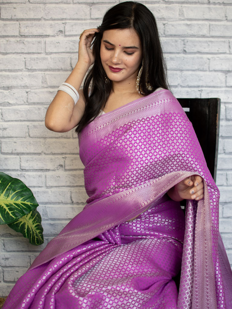 Banarasi Lichi Silk Saree With Silver Zari Small Buti Weaving-Purple