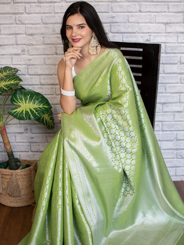 Banarasi Lichi Silk Saree With Silver Zari Weaving-Green