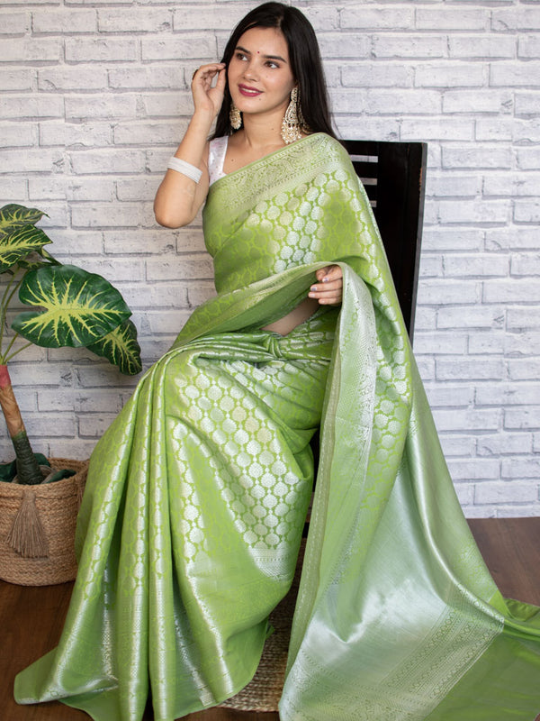 Banarasi Lichi Silk Saree With Silver Zari Weaving-Green