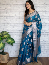 Banarasi Cotton Silk Saree with Zari Paisley Weaving-Cobalt Blue