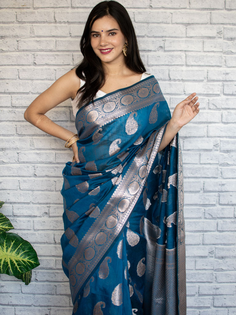 Banarasi Cotton Silk Saree with Zari Paisley Weaving-Cobalt Blue