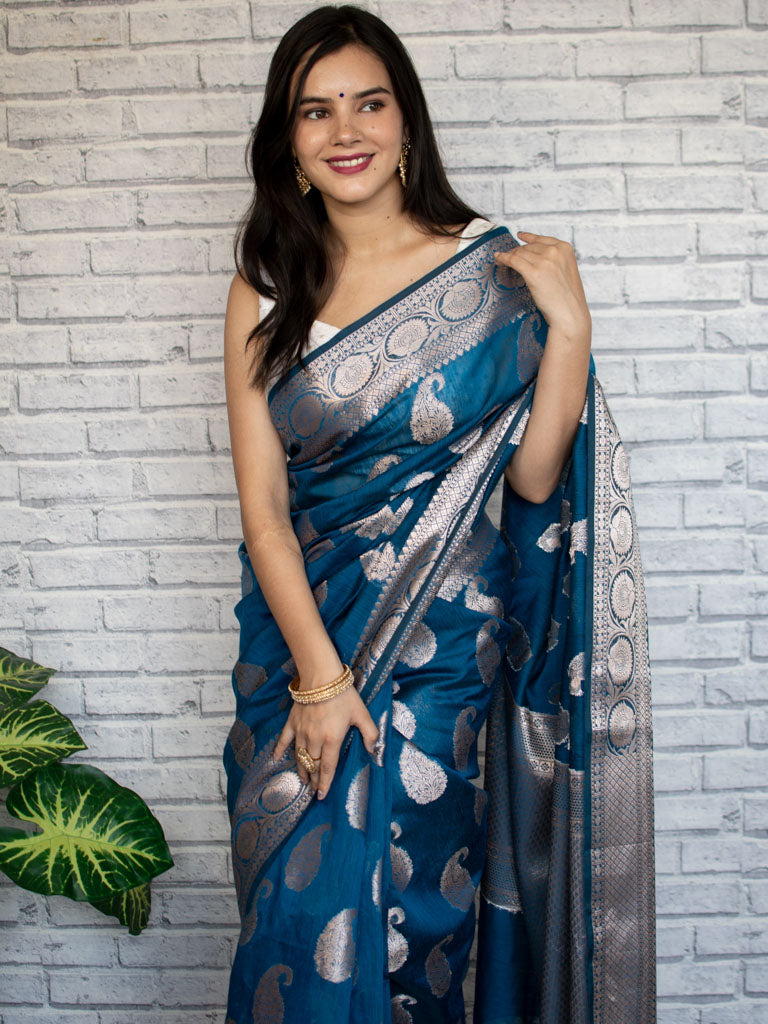 Banarasi Cotton Silk Saree with Zari Paisley Weaving-Cobalt Blue