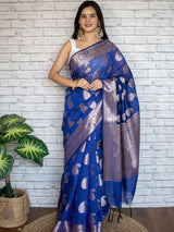 Banarasi Cotton Silk Saree with Zari Paisley Weaving-Blue